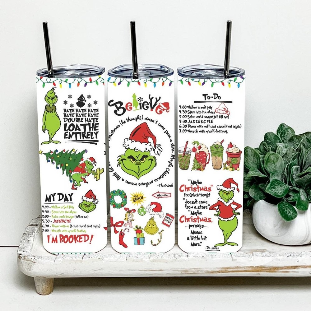 The Grinch Believe My Day Christmas 20oz Tumbler With Metal Straw